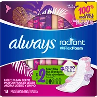 Always Radiant Pads, Size 2, Heavy Flow Absorbency, Scented, 13 Count