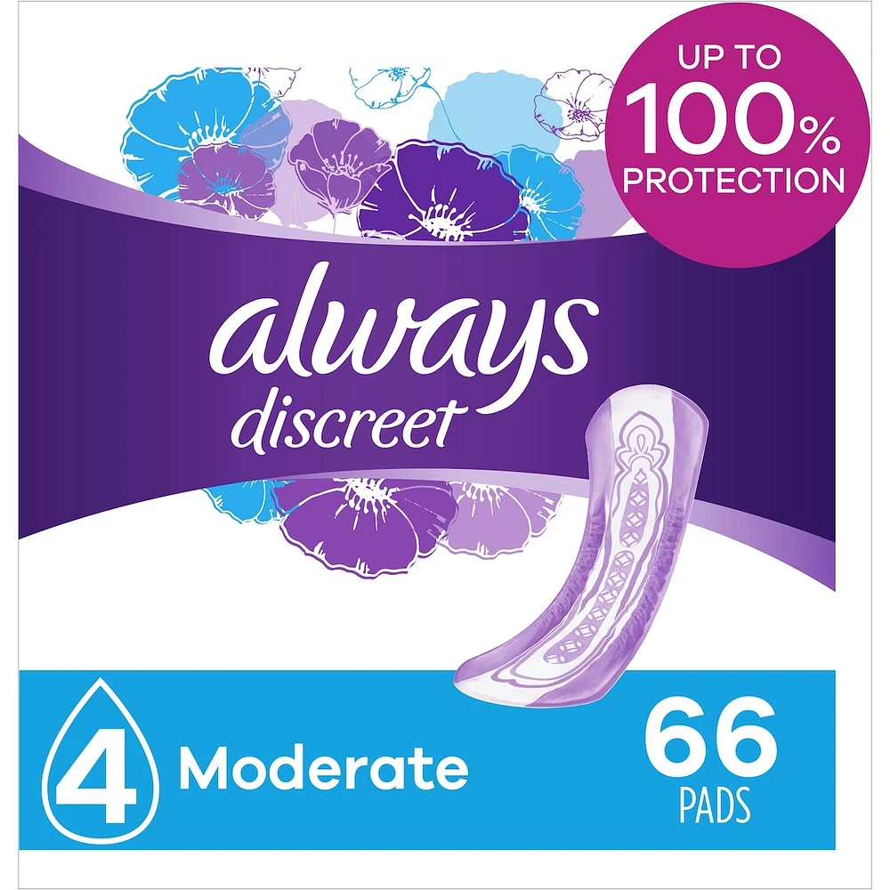 Discreet Moderate Incontinence Pads, 66 Count