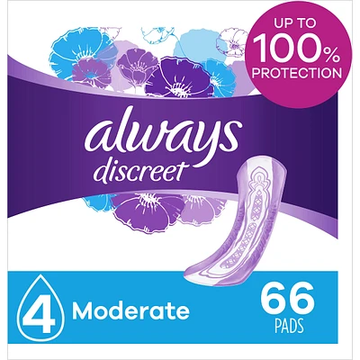 Discreet Moderate Incontinence Pads, 66 Count