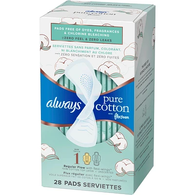 Always Pure Cotton with FlexFoam Pads Regular Absorbency Size 1, 28 Count