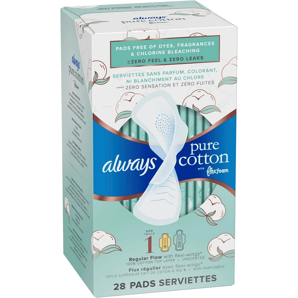 Always Pure Cotton with FlexFoam Pads Regular Absorbency Size 1, 28 Count
