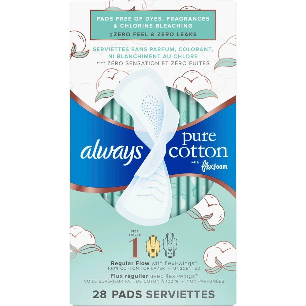 Always Pure Cotton with FlexFoam Pads Regular Absorbency Size 1, 28 Count
