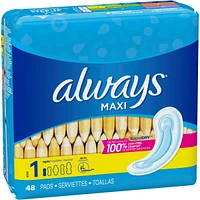 Always Maxi Pads Size 1 Regular Absorbency Unscented without Wings, 48 Count