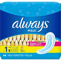 Always Maxi Pads Size 1 Regular Absorbency Unscented without Wings, 48 Count