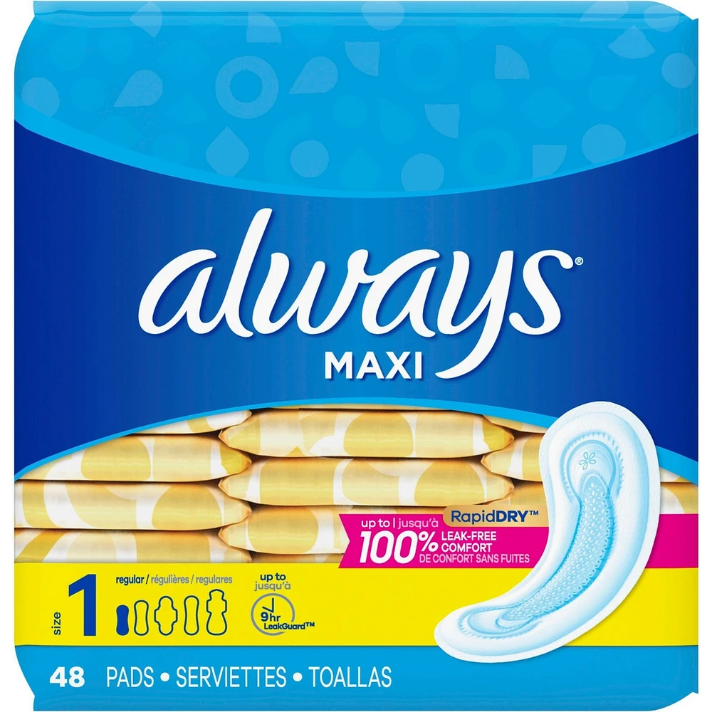 Always Maxi Pads Size 1 Regular Absorbency Unscented without Wings, 48 Count