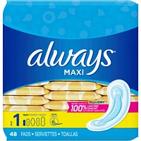 Always Maxi Pads Size 1 Regular Absorbency Unscented without Wings, 48 Count