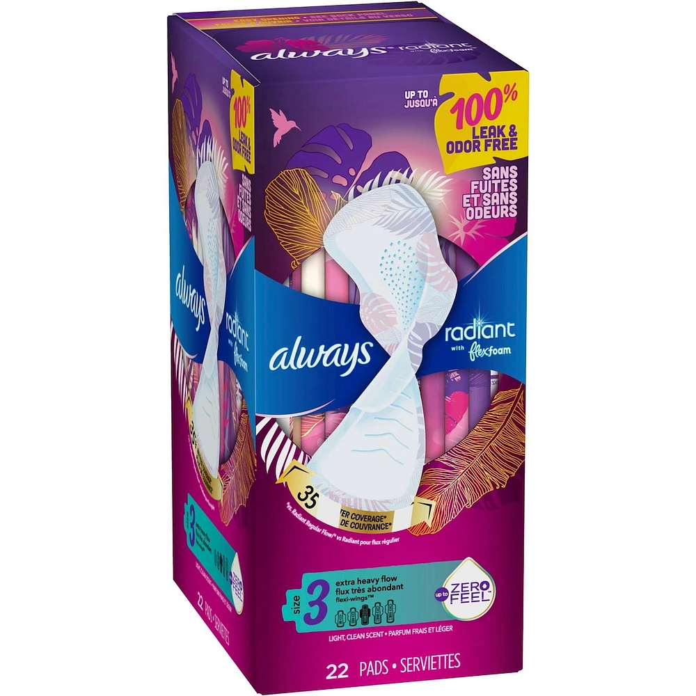 Serviettes Always Radiant FlexFoam, taille 3,  très abondant, protection sans fuites ni odeurs à 100 %, avec ailes, parfumées, 22u
