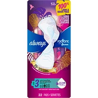Serviettes Always Radiant FlexFoam, taille 3,  très abondant, protection sans fuites ni odeurs à 100 %, avec ailes, parfumées, 22u