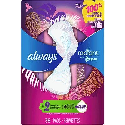 Always Radiant FlexFoam Pads for Women Size 2 Heavy Flow Absorbency with Wings, 36 Count