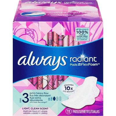 Always Radiant Pads, Size 3, Extra Heavy Flow Absorbency, Scented, 11 Count