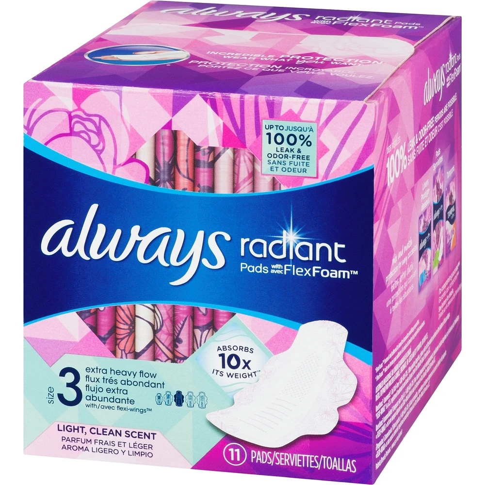 Always Radiant Pads, Size 3, Extra Heavy Flow Absorbency, Scented, 11 Count