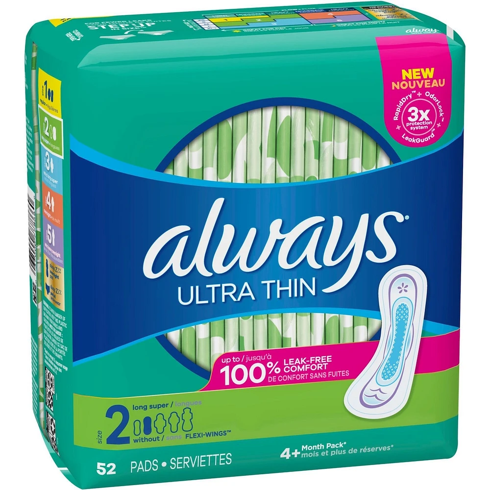 Serviettes Always Ultra Thin, longues sans ailes, taille 2, non parfumées