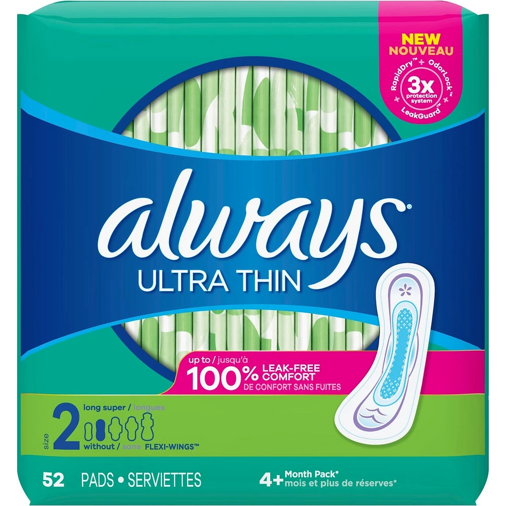 Serviettes Always Ultra Thin, longues sans ailes, taille 2, non parfumées