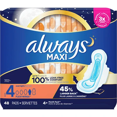 Maxi Overnight Pads with Wings, Size 4, Overnight, Unscented