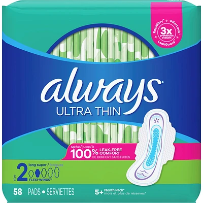 Ultra Thin Feminine Pads with Wings for Women, Size 2, Long Super Absorbency, Unscented