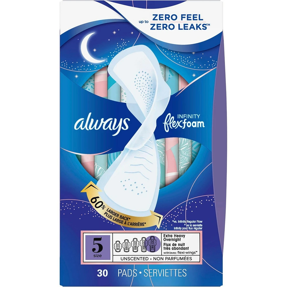 Serviettes Always Infinity FlexFoam,  de nuit, très abondant, taille 5, jusqu’à zéro sensation et zéro fuites pendant 12 heures, avec ailes, np, 30 u