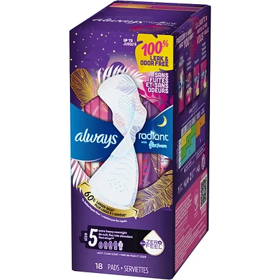 Always Radiant FlexFoam Pads for Women, Size 5, Extra Heavy Overnight Absorbency, 100% Leak & Odor Free Protection is possible, with Wings, Scented, 18 count