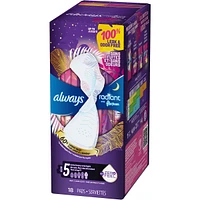 Serviettes Always Radiant FlexFoam, taille 5, de nuit, flux très abondant, protection sans fuites ni odeurs à 100 %, avec ailes, parfumées, 18 u