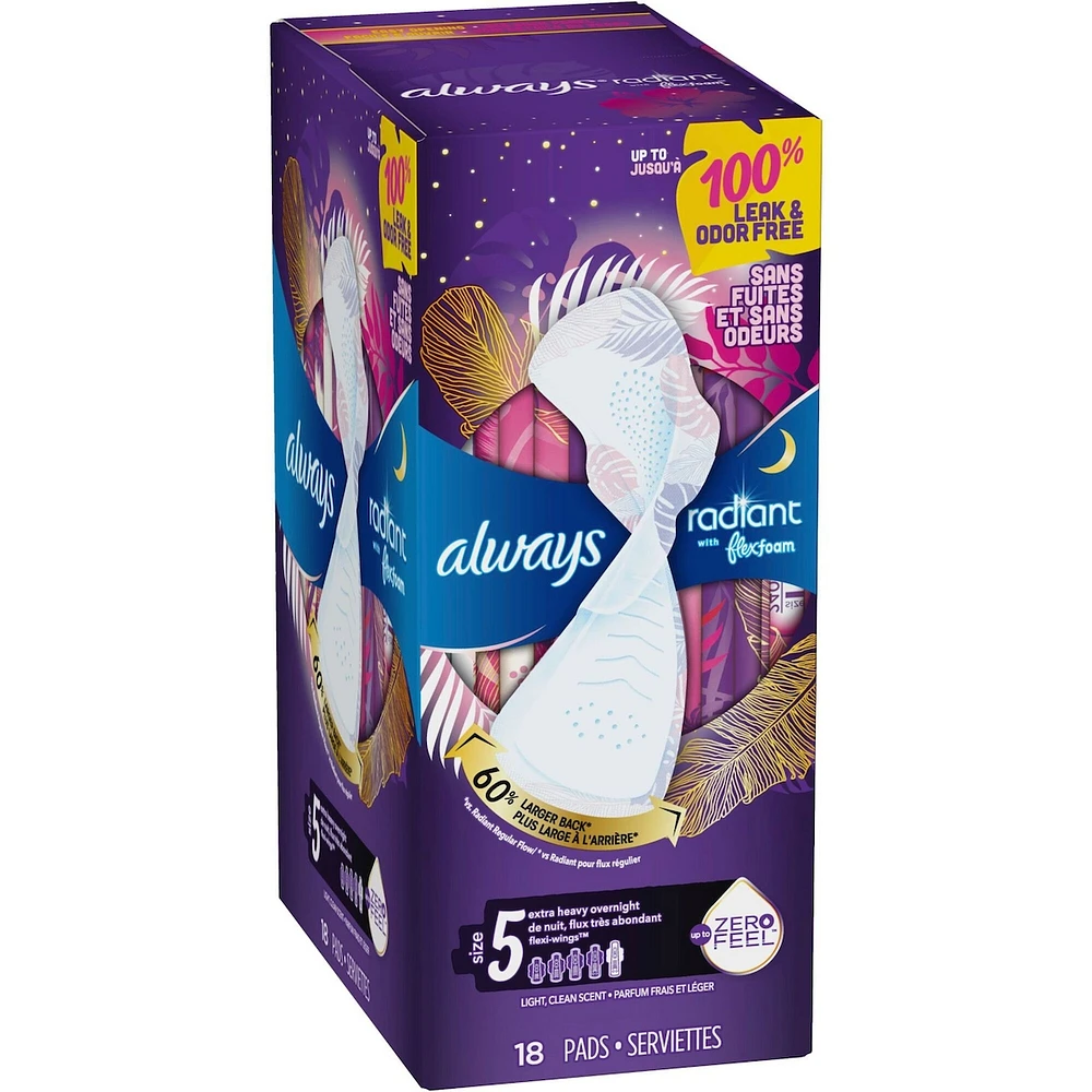 Serviettes Always Radiant FlexFoam, taille 5, de nuit, flux très abondant, protection sans fuites ni odeurs à 100 %, avec ailes, parfumées, 18 u