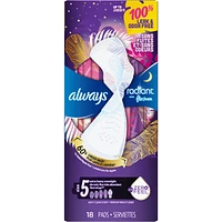 Serviettes Always Radiant FlexFoam, taille 5, de nuit, flux très abondant, protection sans fuites ni odeurs à 100 %, avec ailes, parfumées, 18 u