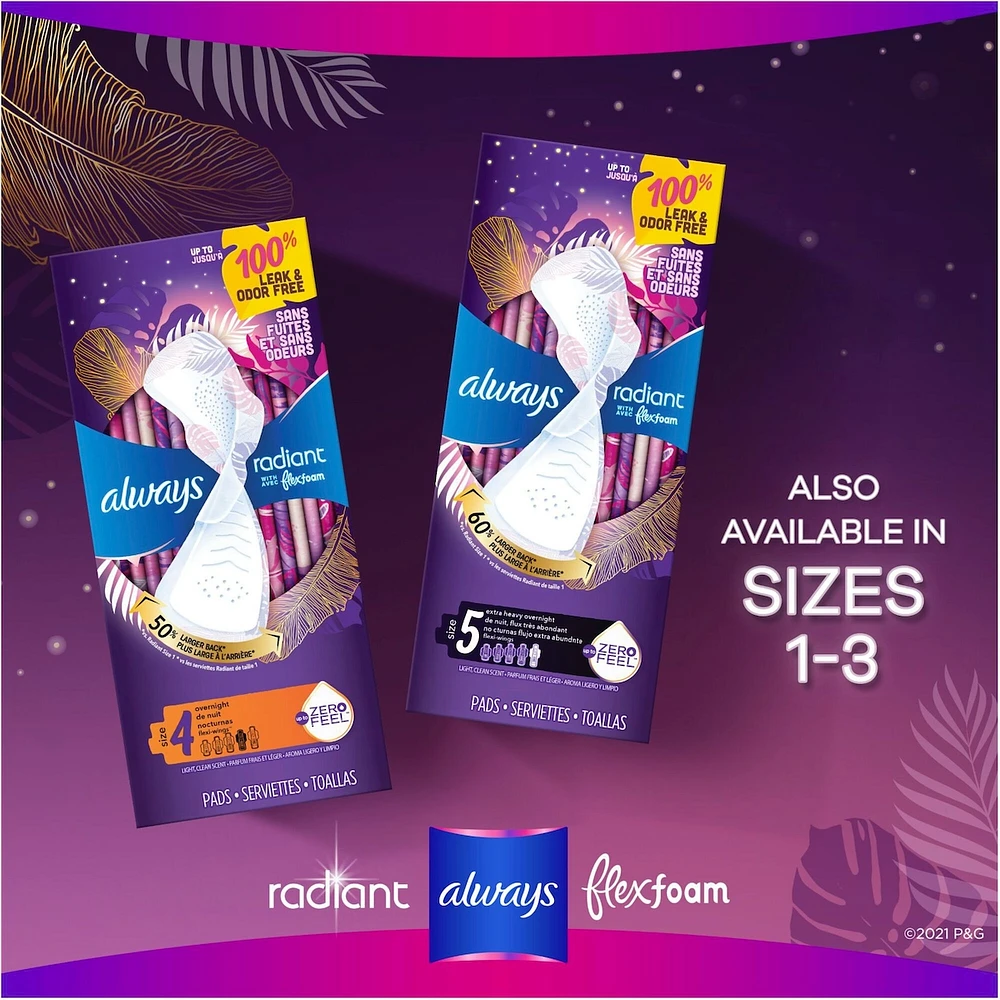 Serviettes Always Radiant FlexFoam, taille 5, de nuit, flux très abondant, protection sans fuites ni odeurs à 100 %, avec ailes, parfumées, 18 u