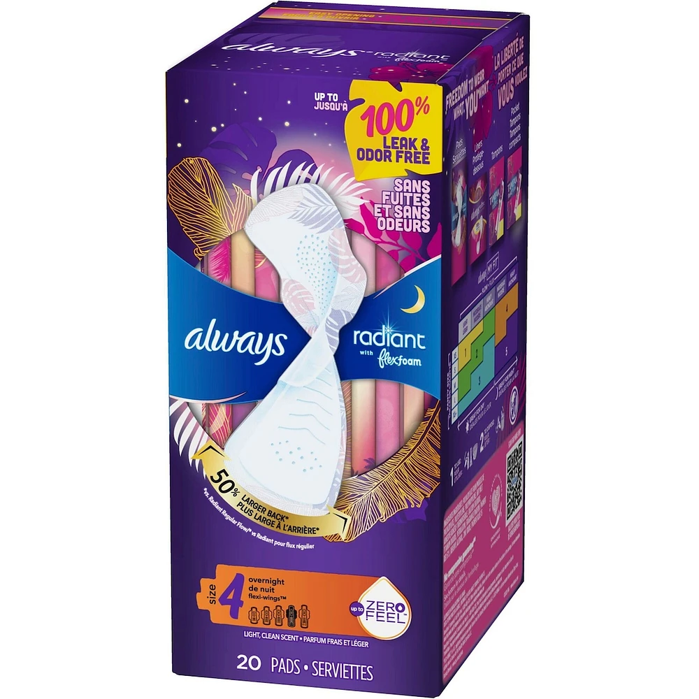 Serviettes Always Radiant FlexFoam, taille 4, de nuit, protection sans fuites ni odeurs à 100 %, avec ailes, parfumées, 20 su