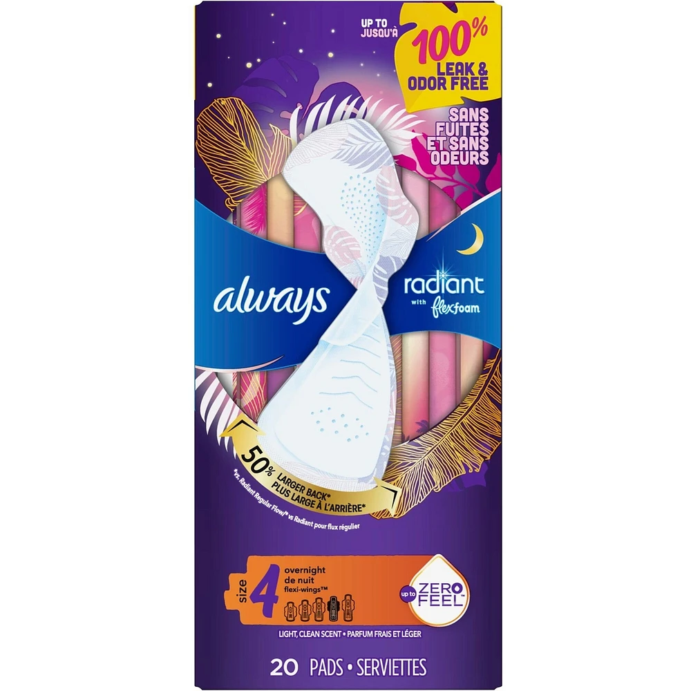 Serviettes Always Radiant FlexFoam, taille 4, de nuit, protection sans fuites ni odeurs à 100 %, avec ailes, parfumées, 20 su