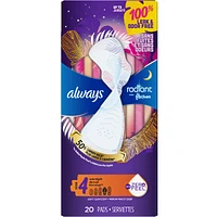 Serviettes Always Radiant FlexFoam, taille 4, de nuit, protection sans fuites ni odeurs à 100 %, avec ailes, parfumées, 20 su