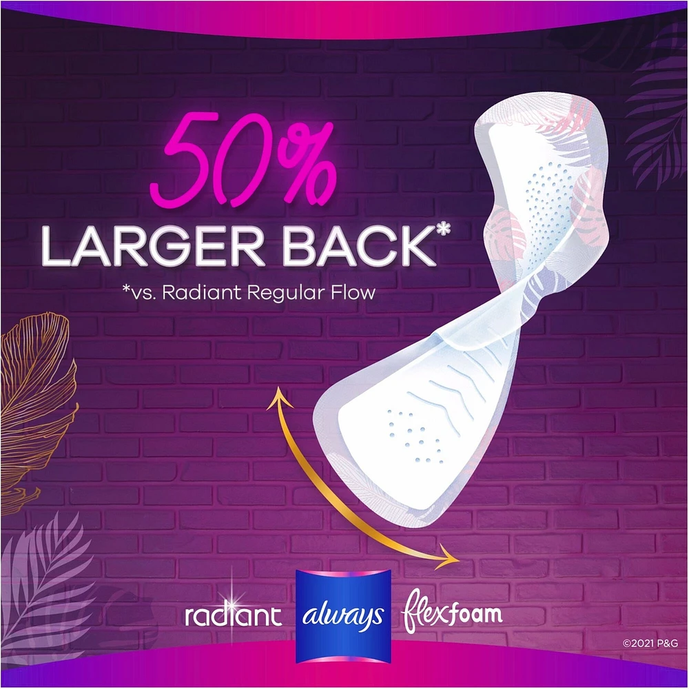 Serviettes Always Radiant FlexFoam, taille 4, de nuit, protection sans fuites ni odeurs à 100 %, avec ailes, parfumées, 20 su