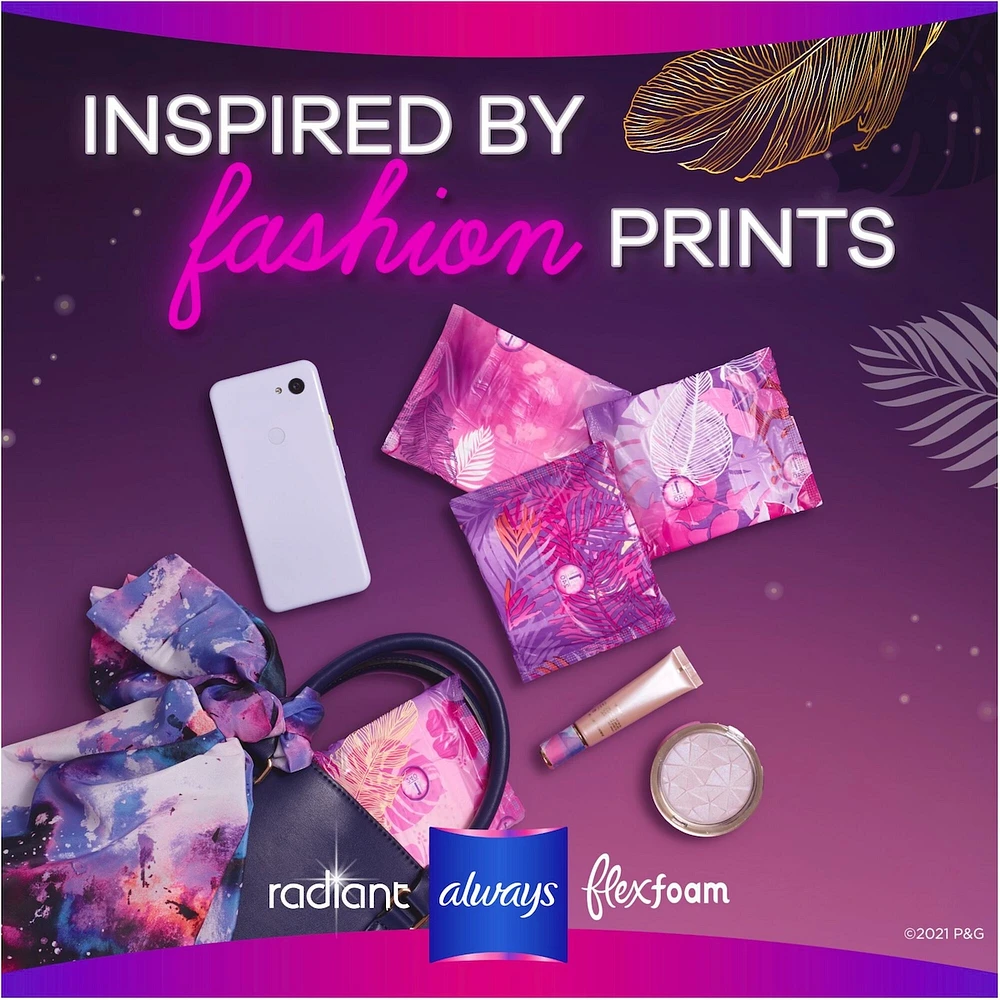 Serviettes Always Radiant FlexFoam, taille 4, de nuit, protection sans fuites ni odeurs à 100 %, avec ailes, parfumées, 20 su