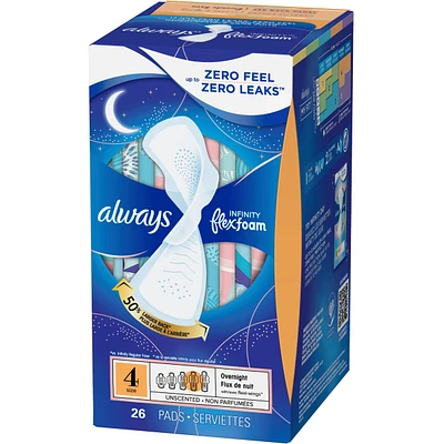 Always Infinity FlexFoam Pads for Women Size 4 Overnight Absorbency, Up to 12 hours Zero Leaks, Zero Feel Protection, with Wings Unscented, 26 Count