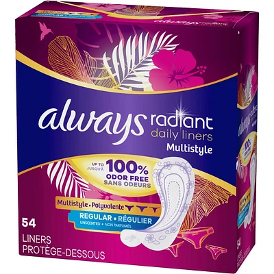 Always Radiant Daily Multistyle Liners Regular Absorbency Unscented, Up to 100% Odor-free, 54 Count