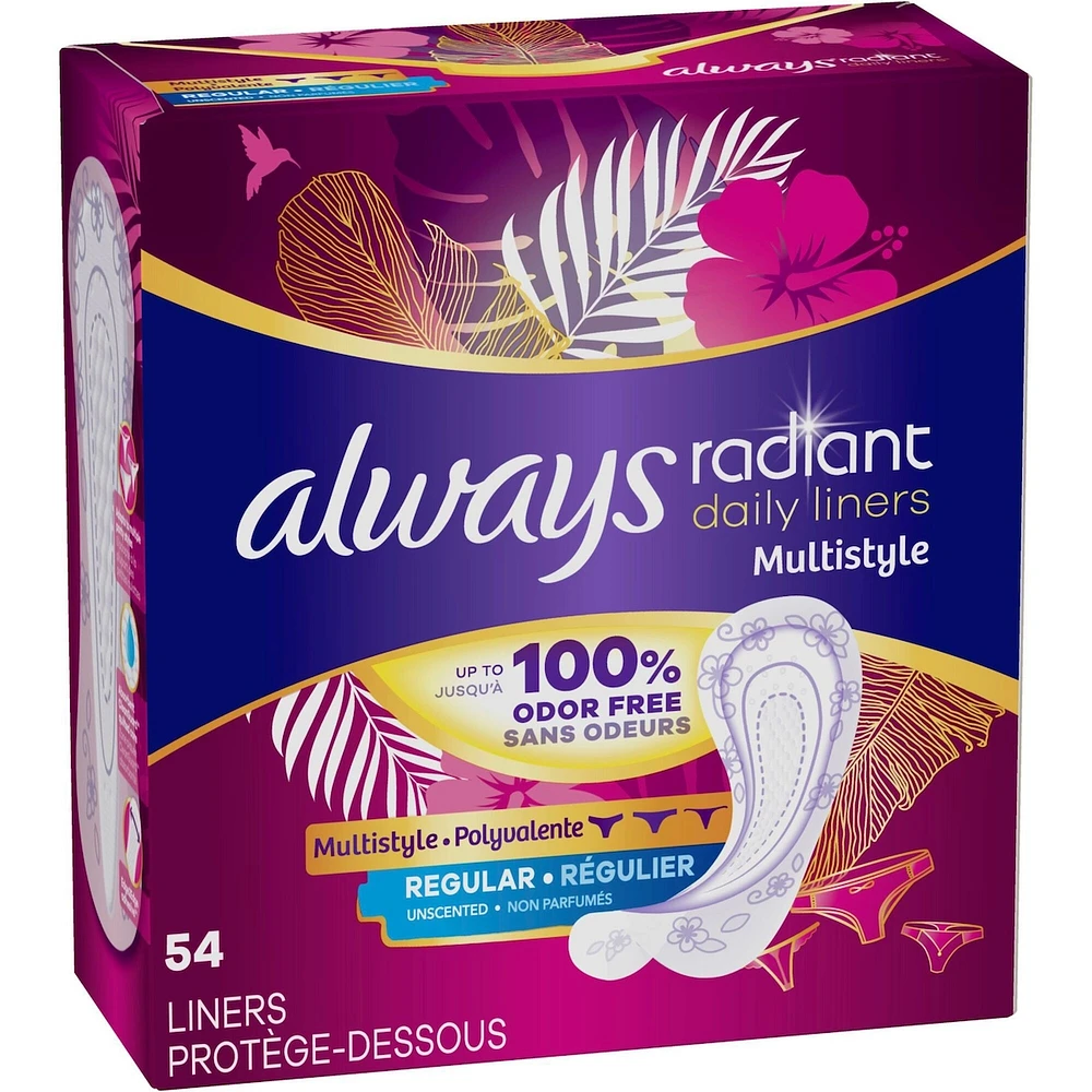 Always Radiant Daily Multistyle Liners Regular Absorbency Unscented, Up to 100% Odor-free, 54 Count