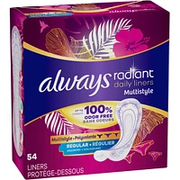 Always Radiant Daily Multistyle Liners Regular Absorbency Unscented, Up to 100% Odor-free, 54 Count