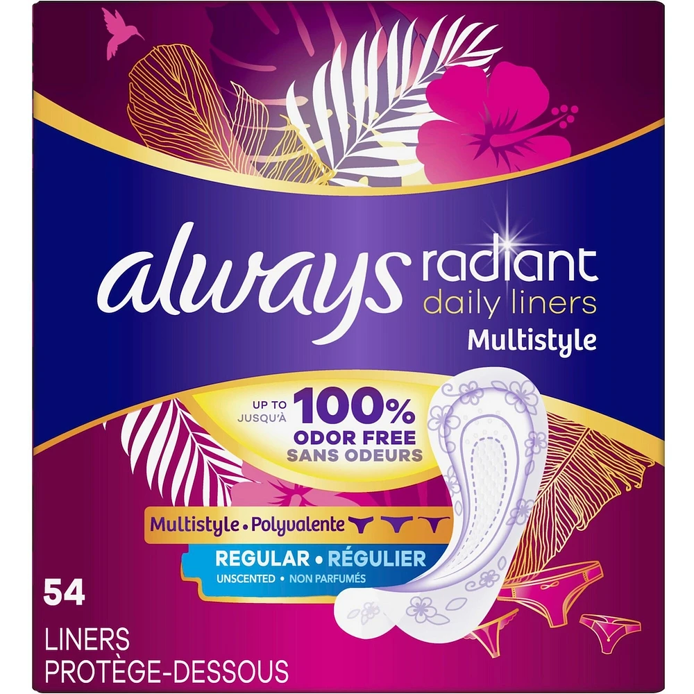 Always Radiant Daily Multistyle Liners Regular Absorbency Unscented, Up to 100% Odor-free, 54 Count