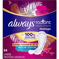 Always Radiant Daily Multistyle Liners Regular Absorbency Unscented, Up to 100% Odor-free, 54 Count