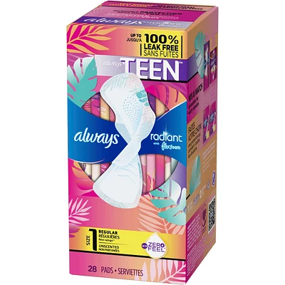 Always Radiant FlexFoam Teen Pads Regular Absorbency, 100% Leak Free Protection is possible, with Wings, Unscented, 28 Count