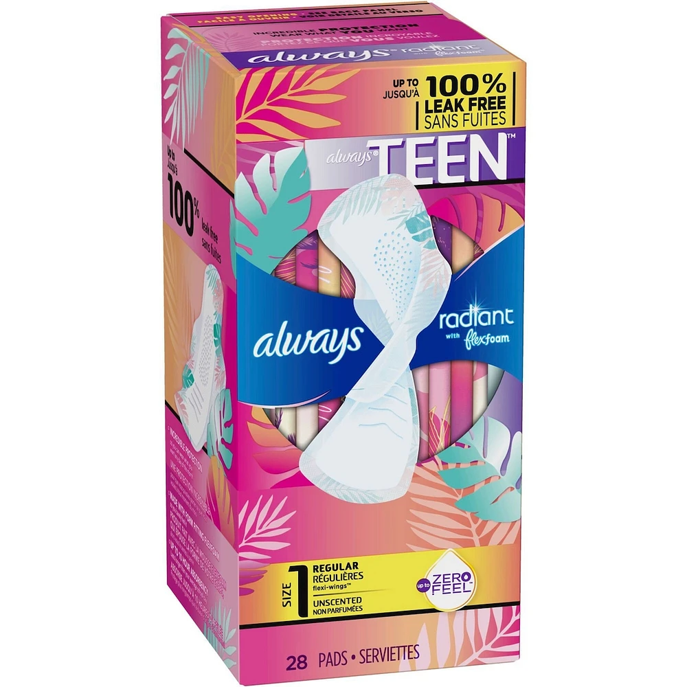 Always Radiant FlexFoam Teen Pads Regular Absorbency, 100% Leak Free Protection is possible, with Wings, Unscented, 28 Count