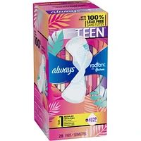 Always Radiant FlexFoam Teen Pads Regular Absorbency, 100% Leak Free Protection is possible, with Wings, Unscented, 28 Count