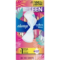 Always Radiant FlexFoam Teen Pads Regular Absorbency, 100% Leak Free Protection is possible, with Wings, Unscented, 28 Count