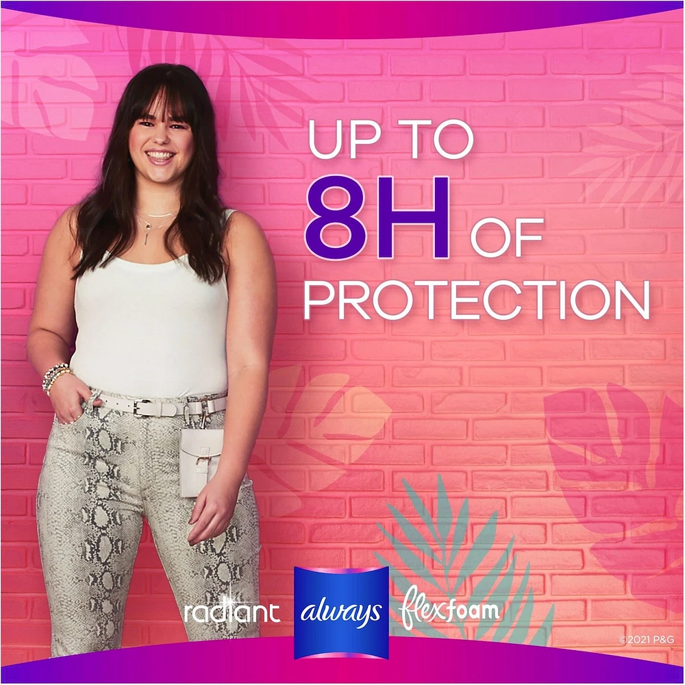 Always Radiant FlexFoam Teen Pads Regular Absorbency, 100% Leak Free Protection is possible, with Wings, Unscented, 28 Count