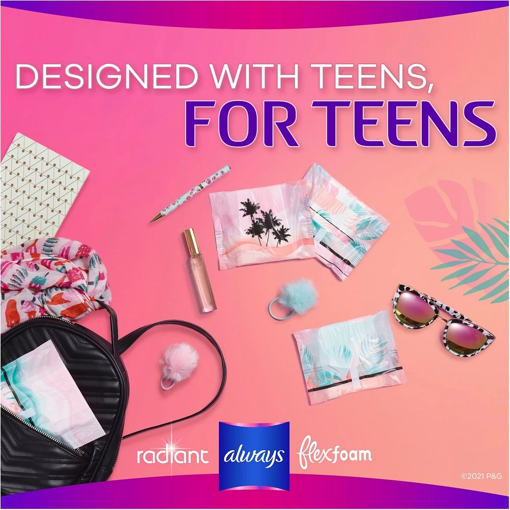 Always Radiant FlexFoam Teen Pads Regular Absorbency, 100% Leak Free Protection is possible, with Wings, Unscented, 28 Count