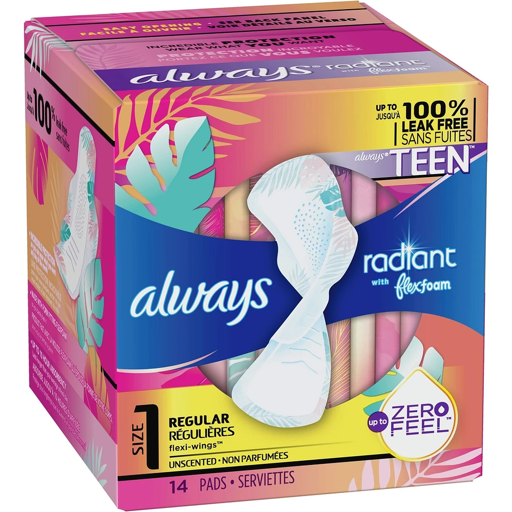 Always Radiant FlexFoam Teen Pads Regular Absorbency with Wings, 14 Count
