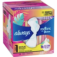 Always Radiant FlexFoam Teen Pads Regular Absorbency with Wings, 14 Count