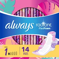Always Radiant FlexFoam Teen Pads Regular Absorbency with Wings, 14 Count