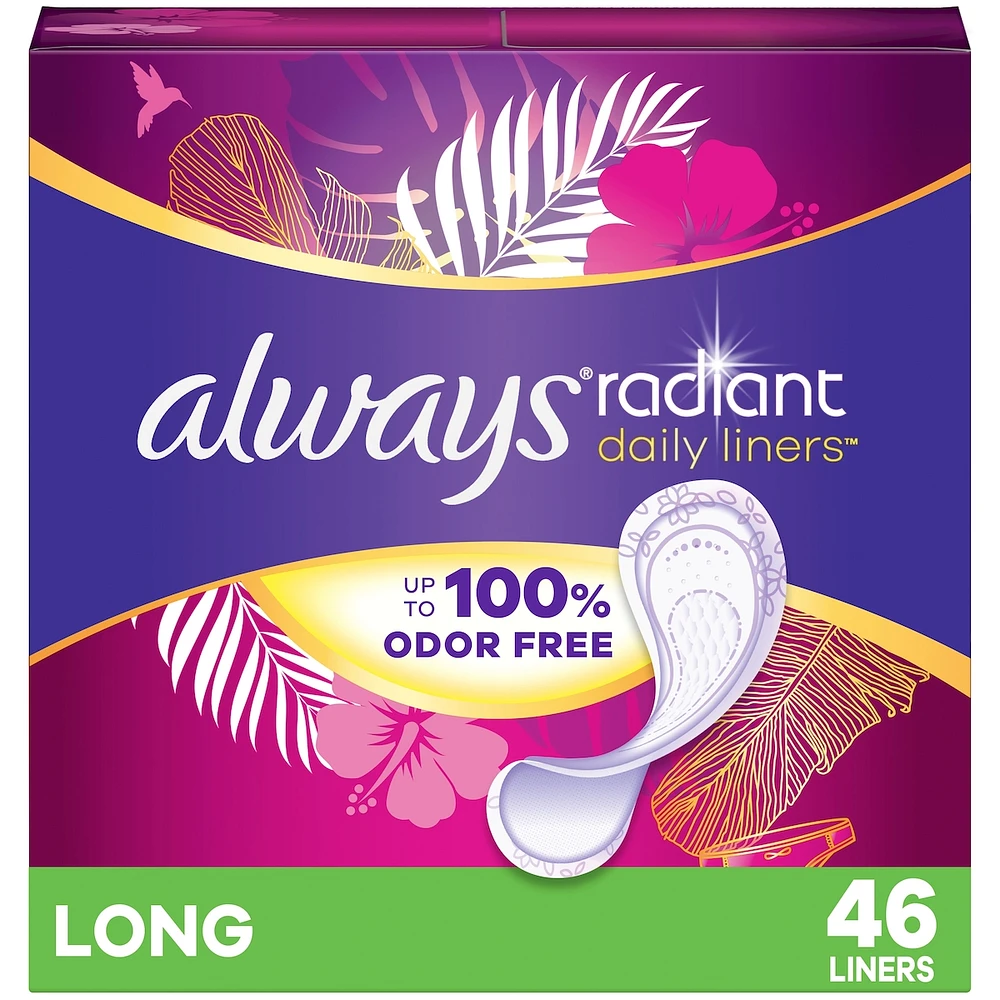 Always Radiant Daily Liners Long Absorbency, Up to 100% Odor-free, 46 Count