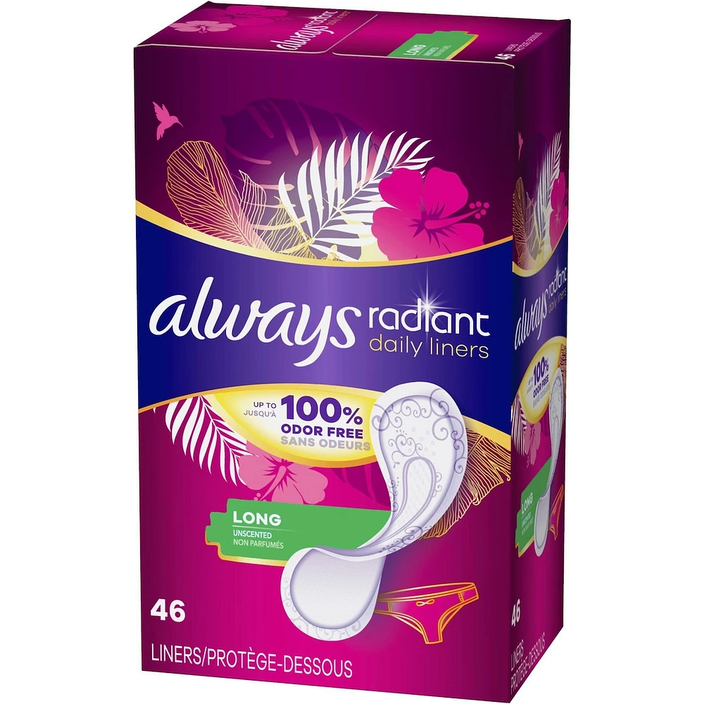 Always Radiant Daily Liners Long Absorbency, Up to 100% Odor-free, 46 Count