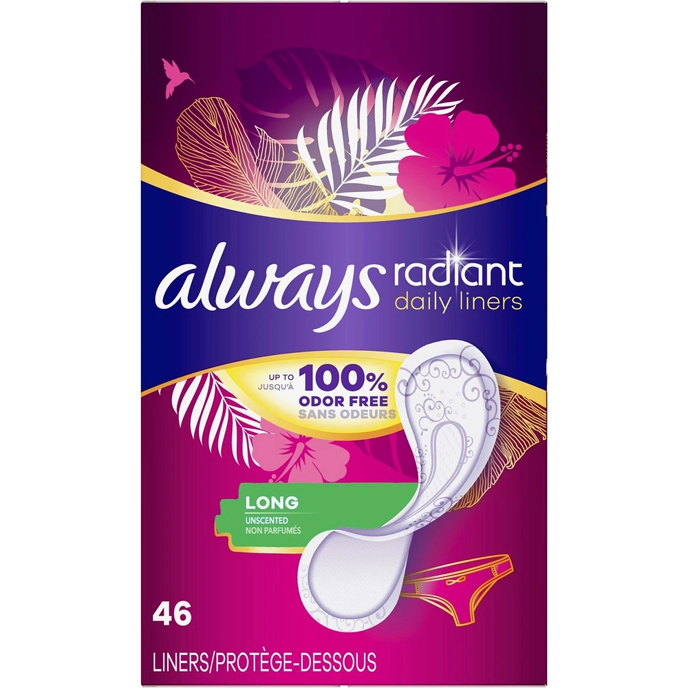 Always Radiant Daily Liners Long Absorbency, Up to 100% Odor-free, 46 Count