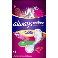 Always Radiant Daily Liners Long Absorbency, Up to 100% Odor-free, 46 Count