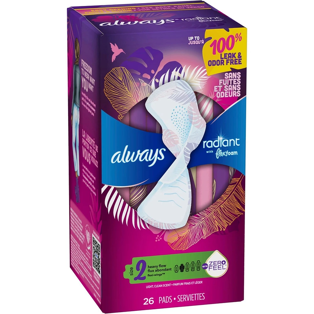 Serviettes Always Radiant FlexFoam, taille 2, flux abondant, protection sans fuites ni odeurs à 100 %, avec ailes, parfumées, 26 u